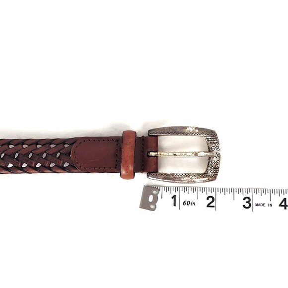 Vintage Unisex Woven Leather Belt Brown Silver Buckle 40.5" length size Large - Picture 6 of 7